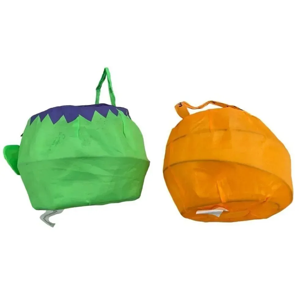 Lot Of 2 Collapsable Pumpkin Trick Or Treat Buckets Halloween Spooky Holiday